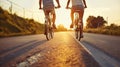 Friends leisurely cycling together, relaxing in the evening ambiance, AI Generated