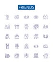 Friends line icons signs set. Design collection of companions, pals, peers, associates, companionship, buddies Royalty Free Stock Photo
