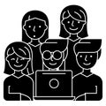 Friends looking at notebook - 5 persons icon, vector illustration, black sign on isolated background