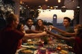 Friends make a toast at a dinner party on a patio, close up Royalty Free Stock Photo