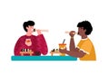 Friends man eating sushi in japanese restaurant vector illustration isolated.