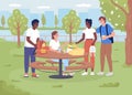 Friends meeting for picnic in park flat color vector illustration