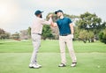 Friends, men and shaking hands on golf course for sports, trust or partnership on grass field together. Golfing