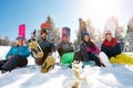 Friends on mountain enjoying on winter day Royalty Free Stock Photo