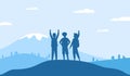 Friends on mountain, setting and achieving goals metaphor. Happy people group silhouette, flat person vacation on nature Royalty Free Stock Photo