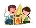 Friends next to camping fire illustration cartoon character