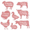 Friends not food. Vector set of farm animals silhouette with text isolated on white for design Royalty Free Stock Photo