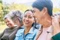 Friends, park and senior women laughing at funny joke, crazy meme or comedy outdoors. Comic, face and happy group of Royalty Free Stock Photo