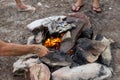 Friends party grilled squid, shell seafood with fire outdoor. cooking time in nature with fresh food in island beach