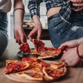 Friends partying and eating pizza close up Royalty Free Stock Photo