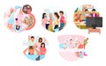 Friends pastime together flat concept icons set Royalty Free Stock Photo