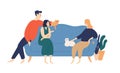 Friends, people on sofa flat vector illustration. Friendship, coziness, domestic atmosphere concept. Family rest with