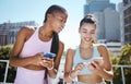 Friends, phone and laughing during exercise for social media, blog or meme while in city together. Women, smartphone and