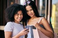 Friends, phone and shopping at a mall while happy and reading bank notification for sale, savings and free gift while in