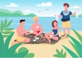 Friends playing cards on beach flat color vector illustration