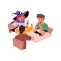 Friends playing Halloween board game at table. Disguised girl and boys at Helloween holiday party. Happy people in