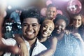 Friends, portrait or phone selfie on party dance floor in nightclub event, bokeh disco or global celebration. Smile Royalty Free Stock Photo
