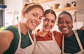 Friends, pottery and selfie of women for small business, artistic startup and creative workshop. Collaboration, art