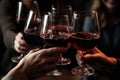 Friends Raising Their Wine Glasses In Toast Closeup. Generative AI Royalty Free Stock Photo