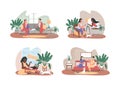 Friends relax at home together 2D vector web banner, poster set