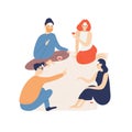 Friends relaxing indoors flat vector illustration. Young people playing game with sticker notes stuck to forehead