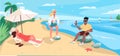 Friends relaxing at sandy beach flat color vector illustration Royalty Free Stock Photo