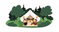 Friends relaxing at summer camping, glamping with tent. Tourists drinking tea at table in nature. Comfortable rest in