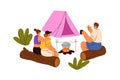 Friends relaxing, talking at bonfire, campfire at camping. Happy people campers speaking at fire, campsite, campground