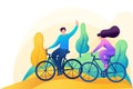 Friends ride a bike in the forest, rest, entertainment, walk, friendship. Flat 2D character. Concept for web design