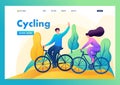 Friends ride a bike in the forest, rest, entertainment, walk, friendship. Flat 2D character. Landing page concepts and web design