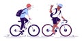 Friends riding bicycles flat vector illustrations. Cyclists with helmets, sportsmen, athletes on bikes. Tourists with