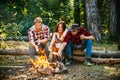 Friends roast marshmallow candies on the campfire in forest. Picnic friends. Tourism concept. Roasting marshmallows Royalty Free Stock Photo