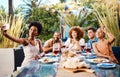 Friends in selfie at lunch in garden, food and wine at happy event with diversity in outdoor bonding together