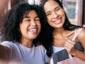 Friends, selfie and shopping date with black women, smile and happiness together with retail, sale and discount at Royalty Free Stock Photo