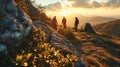 Friends setting up camp at a scenic mountain location - AI Generated