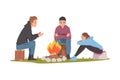 Friends Sitting Near Campfire, Tourist People Hiking, Camping and Relaxing at Summer Vacation Cartoon Style Vector