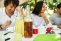 Friends sitting in outdoor restaurant Royalty Free Stock Photo