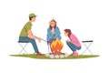 Friends Sitting and Warming Near Campfire, Tourist People Hiking Together and Resting at Summer Camp or Picnic Cartoon