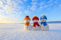 Friends snowman in red, blue, yellow hats and scarfs. Nice winter scenery with mountains, field in snow. Orange sunset background. Royalty Free Stock Photo