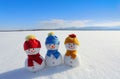 Friends snowman in red, blue, yellow hats and scarfs. Nice winter scenery with mountains, forest, field in snow. Royalty Free Stock Photo