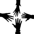 Friends with stack of hands black silhouettes top view. Friendship, Unity And Teamwork concept. Young people are putting Royalty Free Stock Photo