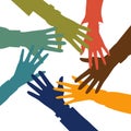 Friends with stack of hands top view. Friendship, Unity And Teamwork concept. Young people are putting their hands Royalty Free Stock Photo