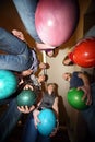 Friends stand in circle and everybody hold ball Royalty Free Stock Photo