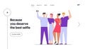 Friends Standing Together Posing and Gesturing Making Selfie Website Landing Page. Company of People Photographing