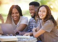 Friends, students and group studying with laptop at park outdoors. Education scholarship, learning portrait and happy Royalty Free Stock Photo