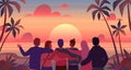 Friends at sunset. Cartoon men and women looking at sun. Tourists enjoy of scenic cloudscape at tropical beach. People