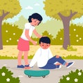 Friends supports. Sad little boy falling, girl comforts crying friend, traumatic situation in park, empathic Royalty Free Stock Photo