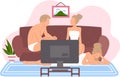 Friends in swimwear spending time together on couch and watching television in living room Royalty Free Stock Photo