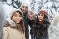 Friends Taking Selfie Photo Smile Snow Forest Young People Group Outdoor