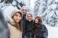 Friends Taking Selfie Photo Smile Snow Forest Young People Group Outdoor Royalty Free Stock Photo